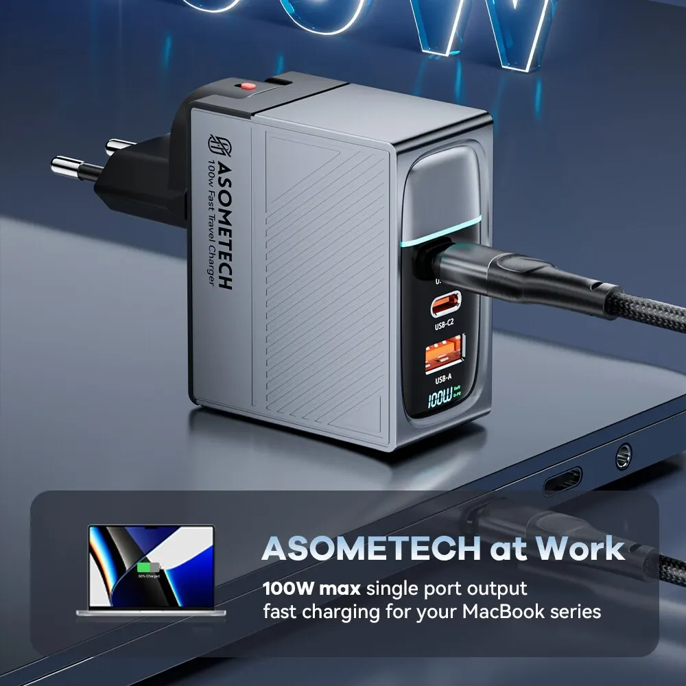 ASOMETECH 휴대용 멀티 USB C 타입 고속 충전기, 노트북 태블릿 아이폰 삼성용, GaN 충전기, QC4.0 PD, 67W, 65W, PPS 디스플레이, 100W