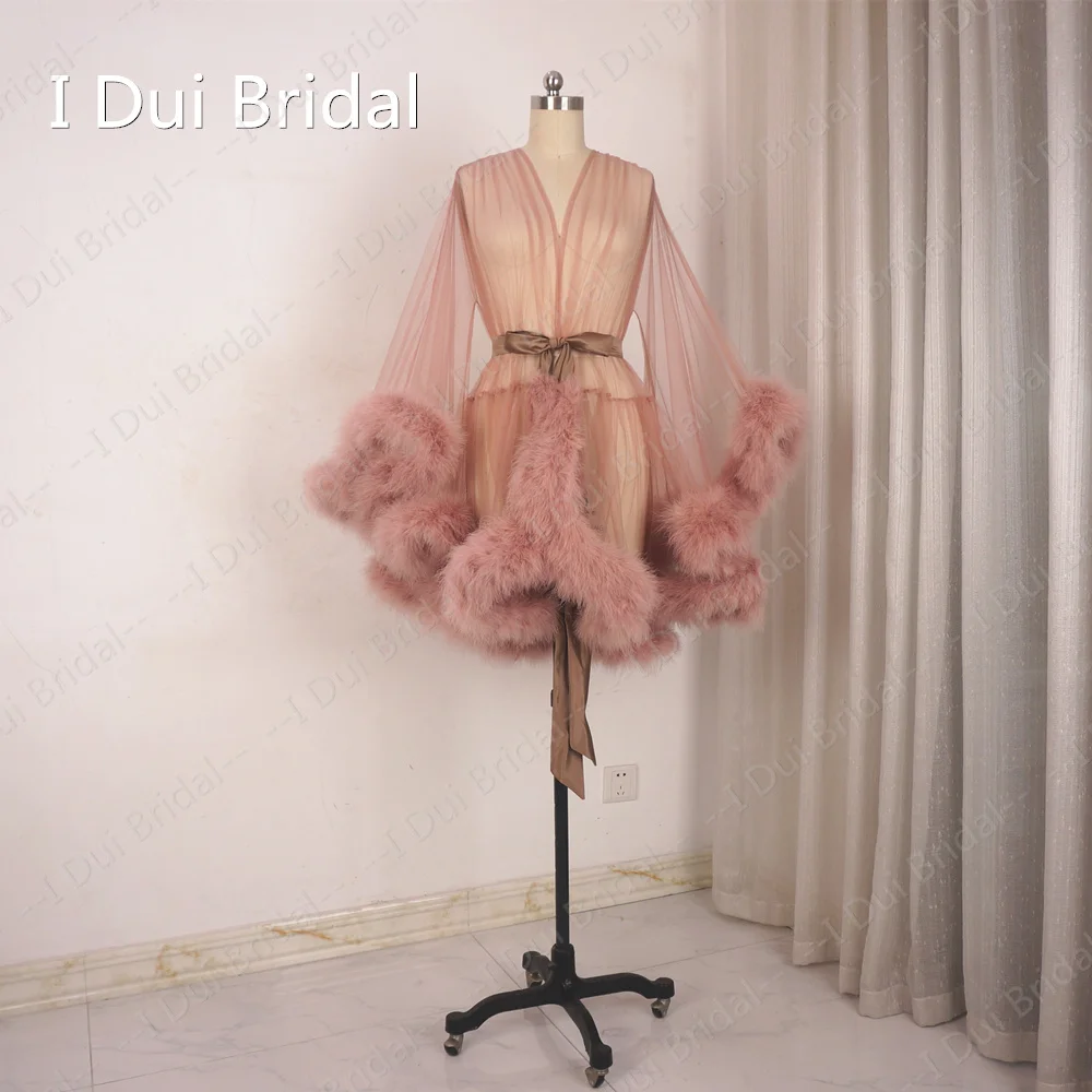 Extra Puffy Short Marabou Feather Robe Boudoir Sheer Tulle Illusion Birthday Lingerie Set