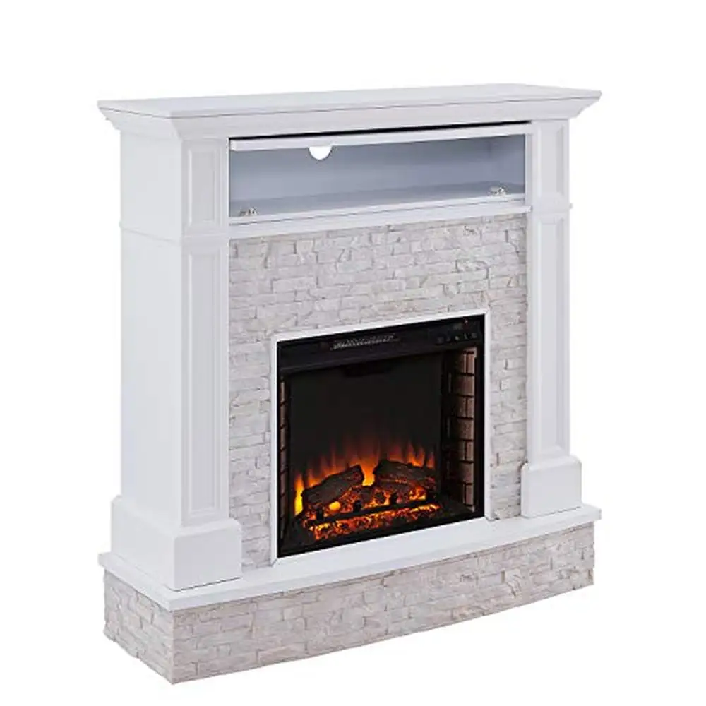 Electric White Stone Media Fireplace with Hidden Storage and Remote Control Transitional Style Cozy Heat 48" W x 14.5" D x 49.5" 3
