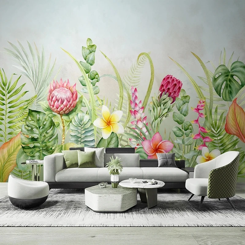 

Custom Mural Wallpaper Modern Hand Painted Tropical Plants Watercolor Floral Living Room TV Sofa Background Wall Mural 3D Murals