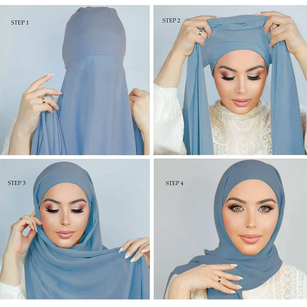 Muslim Women Chiffon Hijab With Cap Bonnet instant Chiffon Hijab Pinles Shawl Head Scarf Under scarf Caps  Cover Headwrap