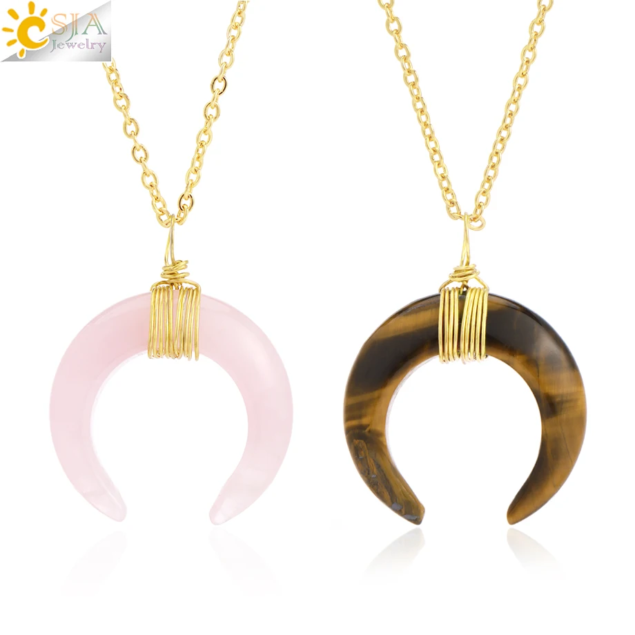 Natural Stone Crescent Moon Necklace for Women Reiki Pink Quartz Crystal Pendant Gold Color Stainless Steel Chain Necklaces H276