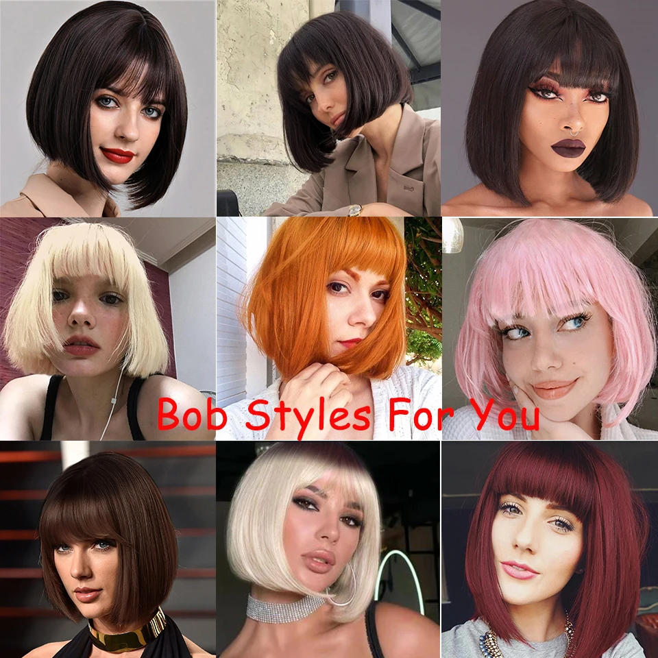 Short Bob Wig with Bangs Synthetic Wigs Black wigs for Women Ombre Blonde Brown Red Pink Lolita Cosplay Party Natural Hairs images - 6