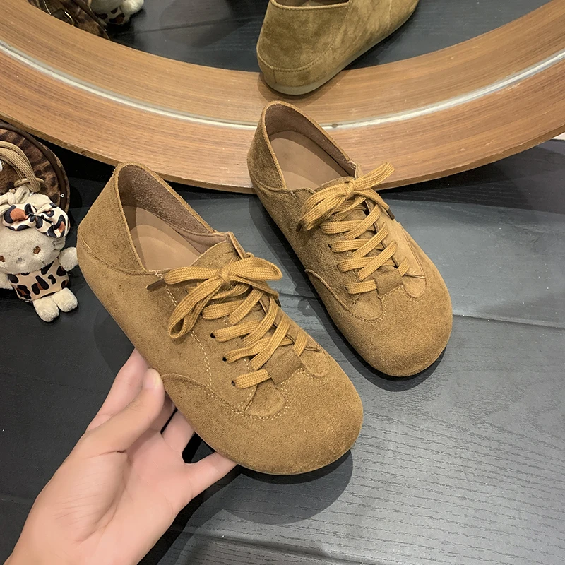 Suede Front Lace-up Flat Shoes Autumn New Round Toe Deep Mouth Non-slip Wear-resistant Single Shoes