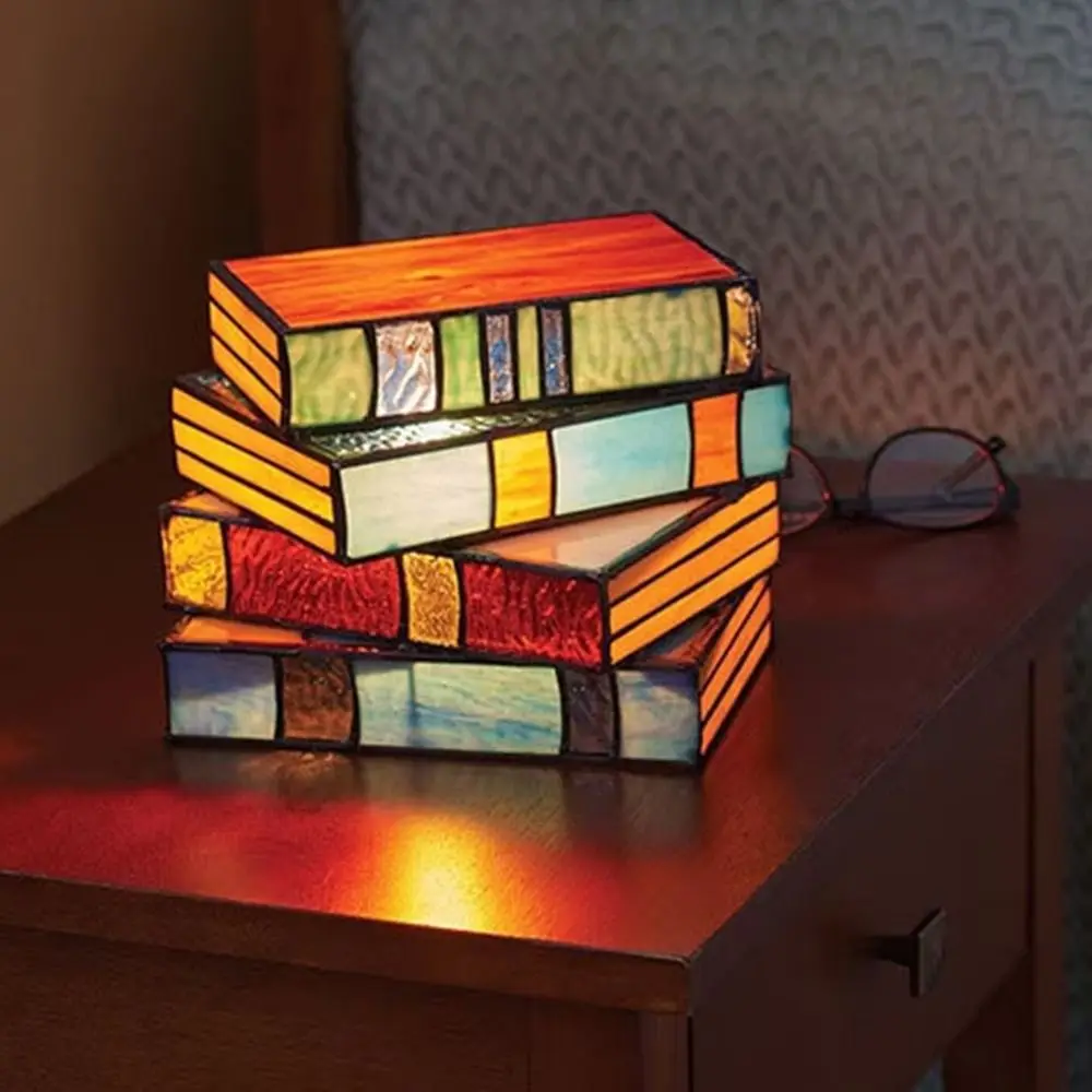 

Plastic Stained Glass Stacked Books Lamp Lighting Book Shape Nightstand Desk Night Light Durable Handmade