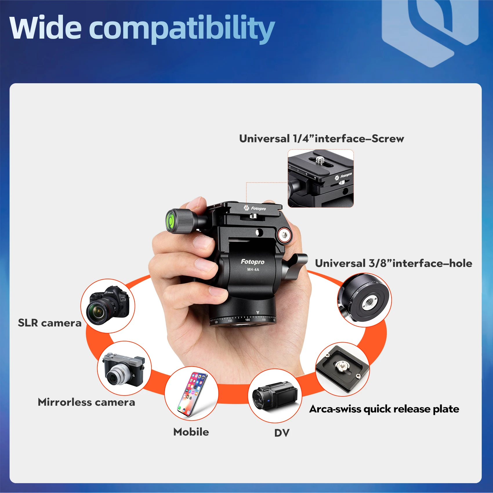 Fotopro Tripod Head Lightweight Panoramic Camera Video Head with Vertical Horizontal Shooting Quick Release Plate for DSLR Camer