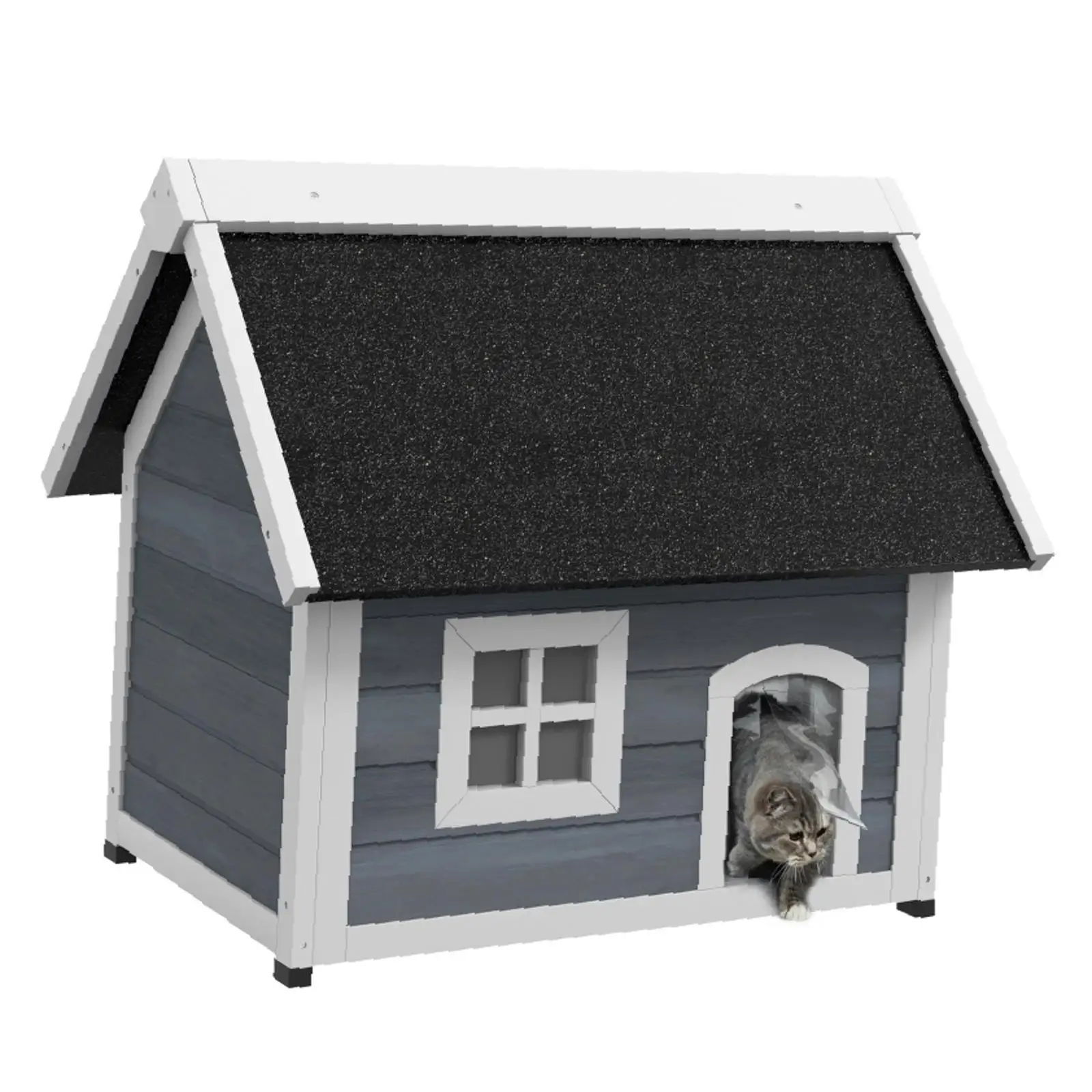 Grey Pet Beds Furniture Outdoor Wooden Cat House with Elevated Feet Openable Roof and Three Doors for Outside Cat Shelter