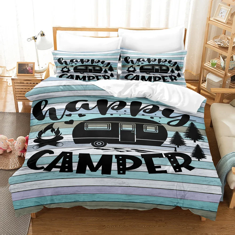 3pcs Happy Camper Pattern Printed Bedding Set, Suitable For Teenagers And Adult's Bedroom, Camping, 1*Duvet Cover+2*Pillowcase