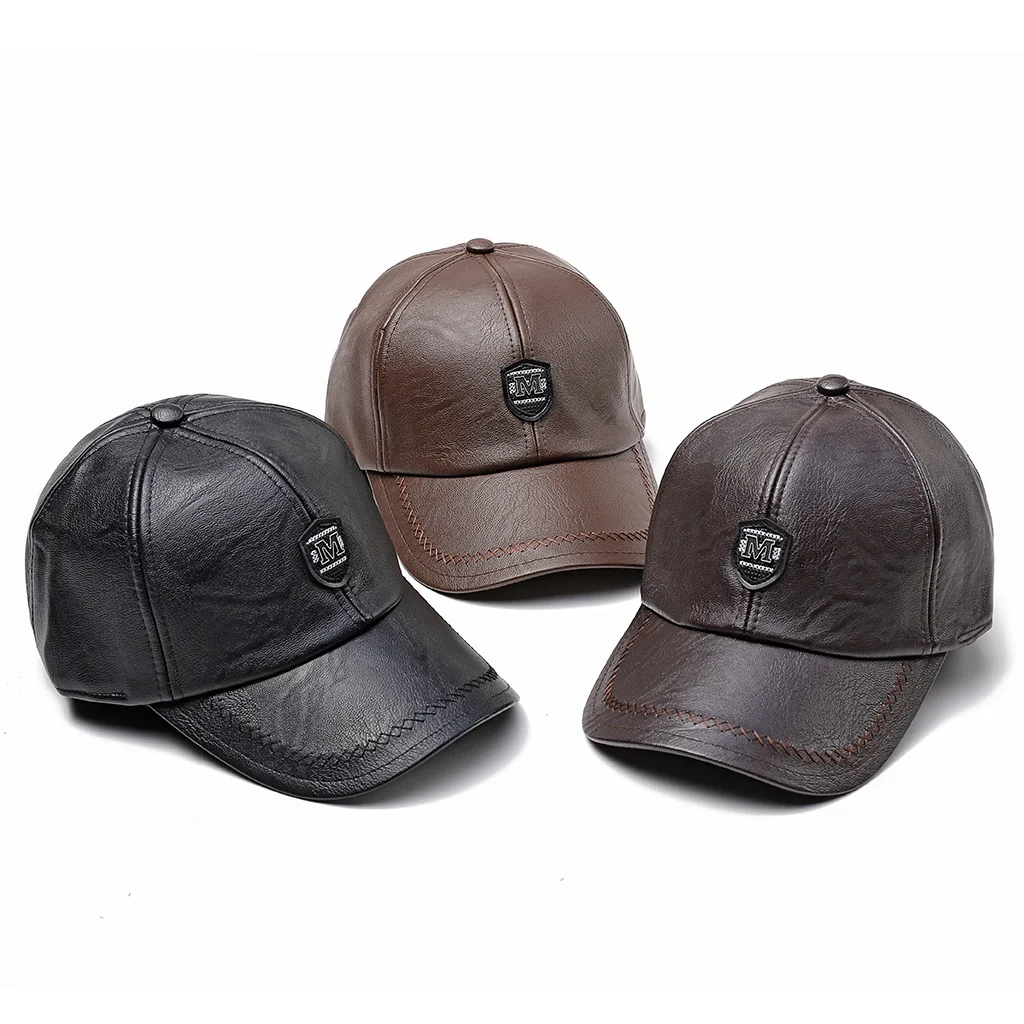 2024 New Style Men Cowhide Hat Winter Warm Outdoor Protect Ear Real Leather Adjustable Baseball Cap Men Real Cowhide Leather Cap 6