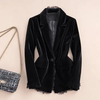 Luxury Women's Black Velvet Blazer Jacket with Gold Accents & Lace Trim | Spring Autumn Cropped Suit Top Outerwear G872