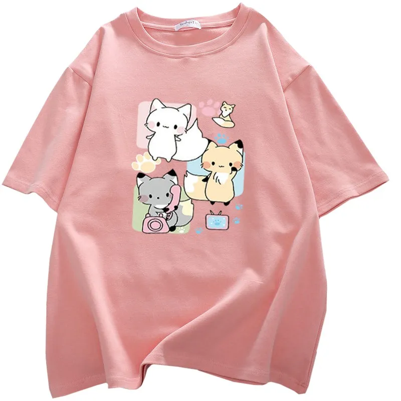 

Футболка женская летняя с коротким рукавом, милая Повседневная рубашка в стиле Харадзюку, с вызовом кошки, из хлопка, розовая