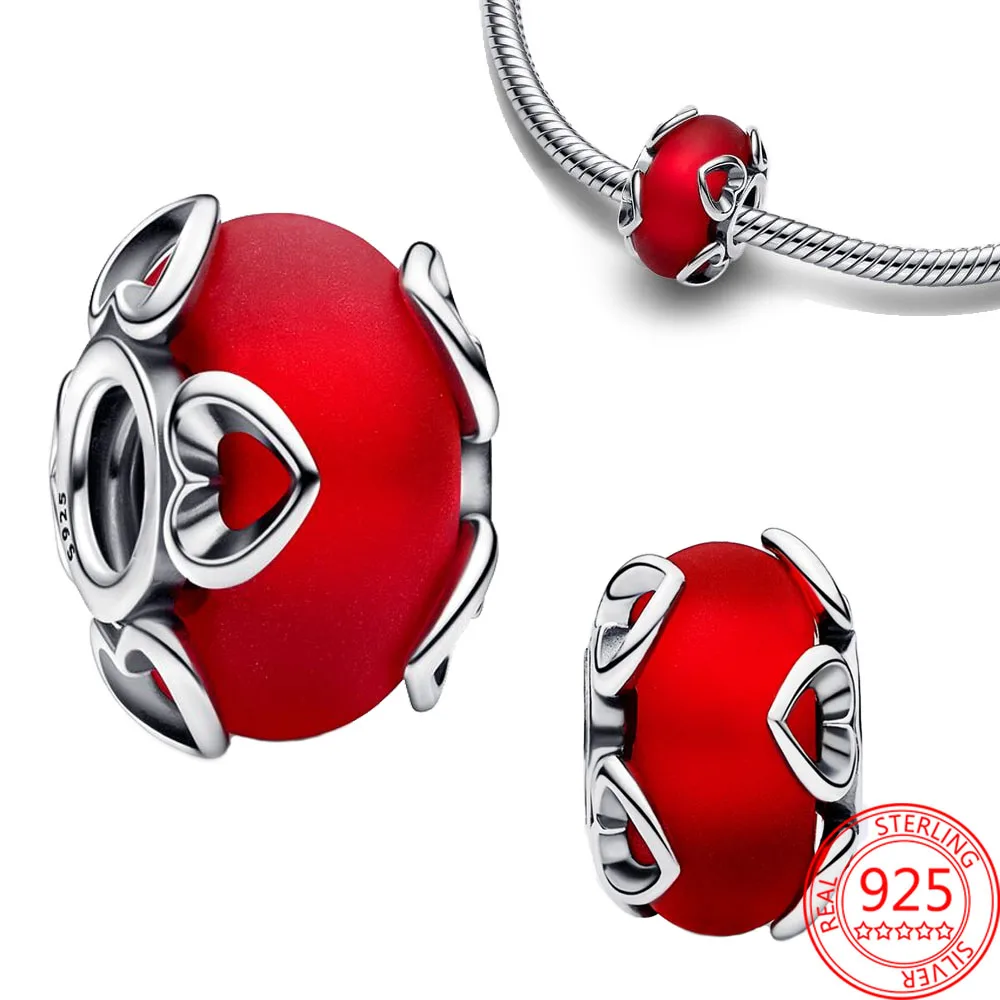 

Authentic S925 Silver Frosted Red Murano Glass & Hearts Charm Fit Bracelet & Bangle DIY Women Jewelry Gift