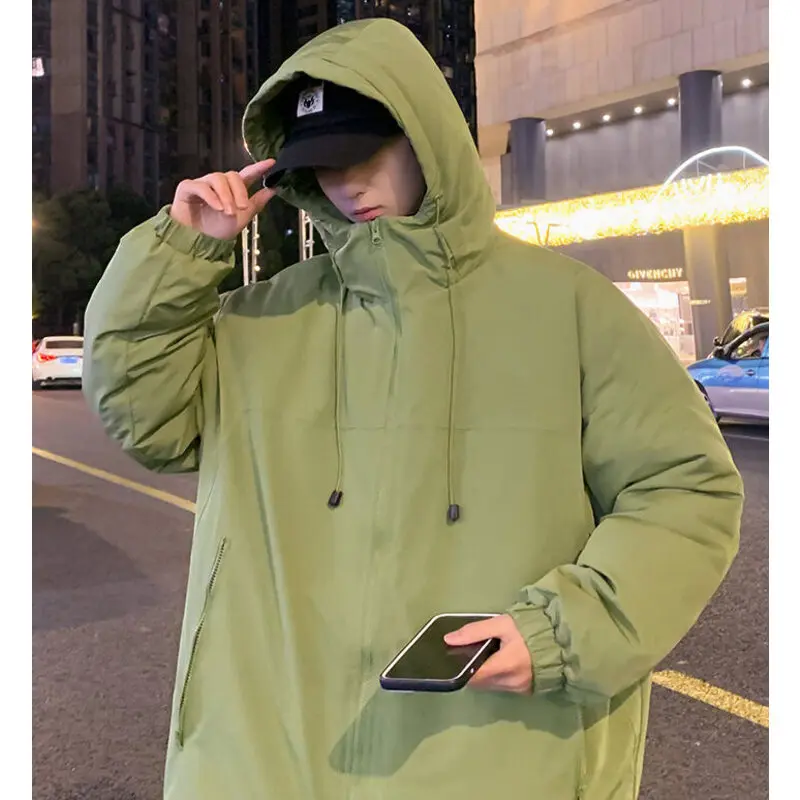 

Winter Minimalist Coats Men Thickened Warm Hooded Cotton Parkas Trendy Drawstring Solid Outdoor Hoody Drawstring Parka Male