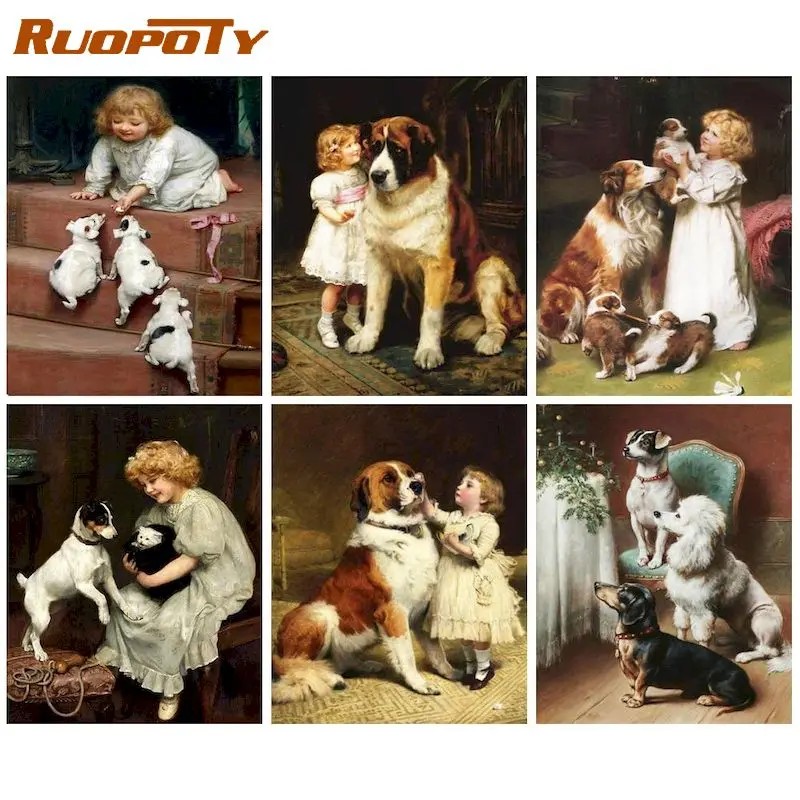

RUOPOTY Girl And Dog Play Picture By Numbers Kits For Adults HandPainted Painting By Numbers 40x50cm Frame On Canvas Home Craft