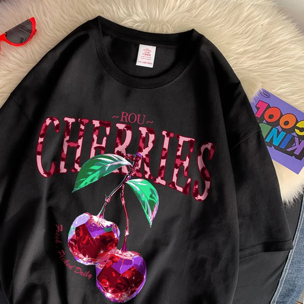 ROU Cherries T Shirt Women Purple Crystal Prints Oversize Cotton T-Shirts Casual O-Neck Short Sleeve Tops Summer Woman Clothes 2