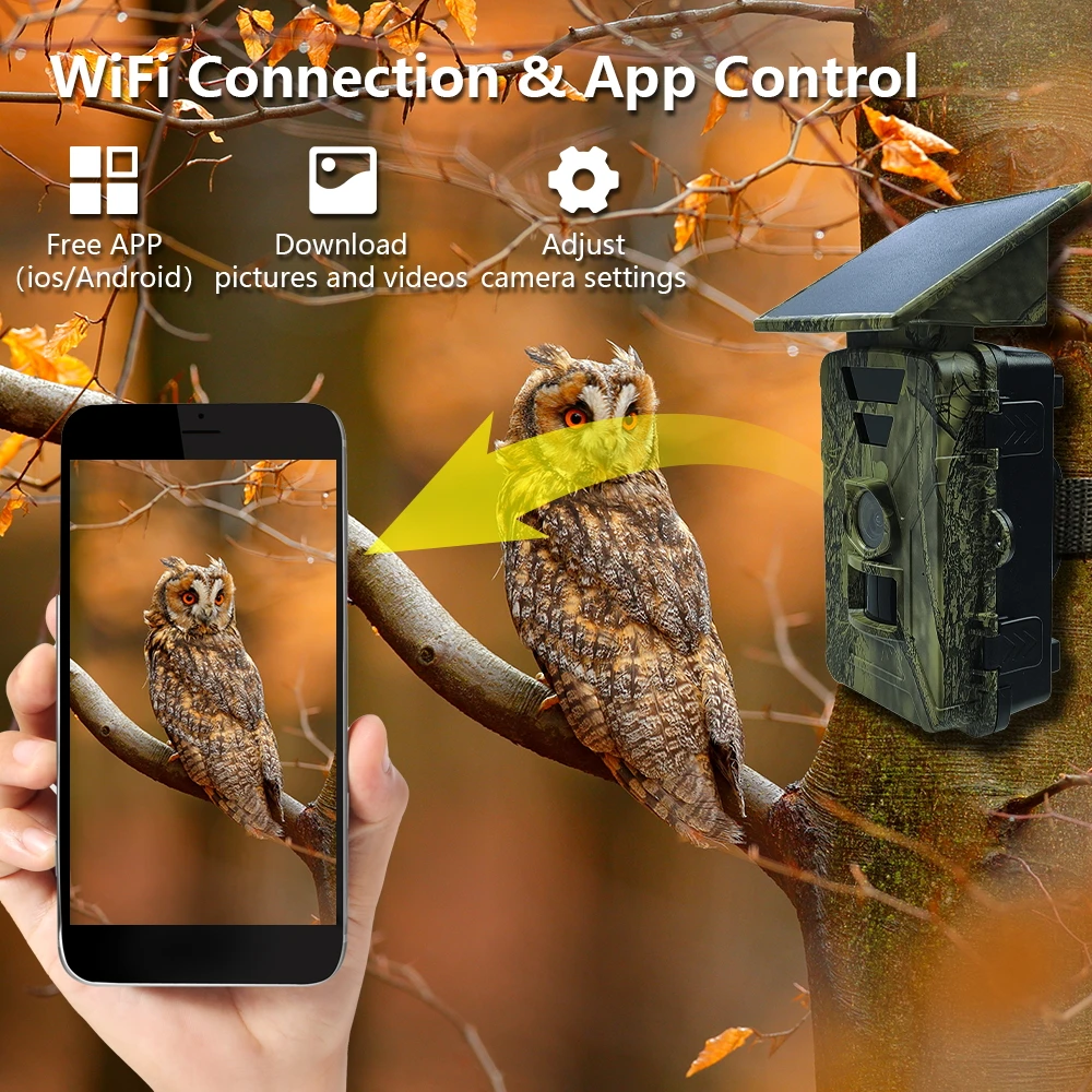Solar Hunting Camera WiFi 8K 60MP Bluetooth Game Camera Motion Activated Night Vision 0.2s Trigger Time for Wildlife Monitoring
