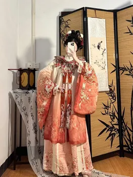 New Year dress red heavy embroidery shoulder standing collar long pleated skirt Christmas suit Hanfu woman