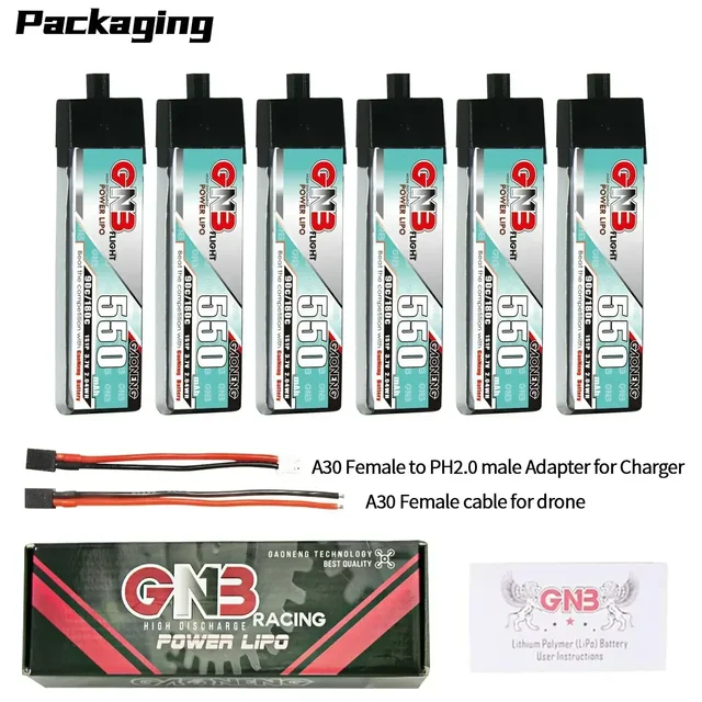 GAONENG GNB 3.7V 550mAh 1S 90C/180C LiPo Battery With A30 Connector For RC FPV Drone DIY Connector VS BETAFPV BT2.0 Plug 1