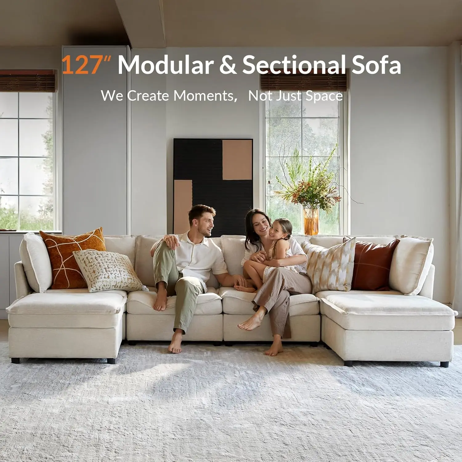 127'' Modular Sectional Sofa, Oversized U Shaped Couch with Storage Ottoman, Comfy Chenille Sofa with Deep Seat, 6 Seat