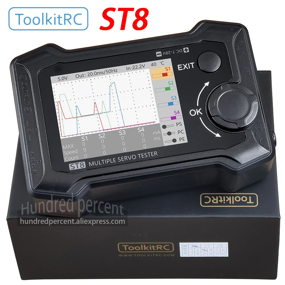 ToolkitRC ST8 Комплексный тестер сервоприводов 2,4 TFT 7-28 В 8-канальный 4 независимых интерфейса Модель устройства Инструмент для тестирования сервосигналов