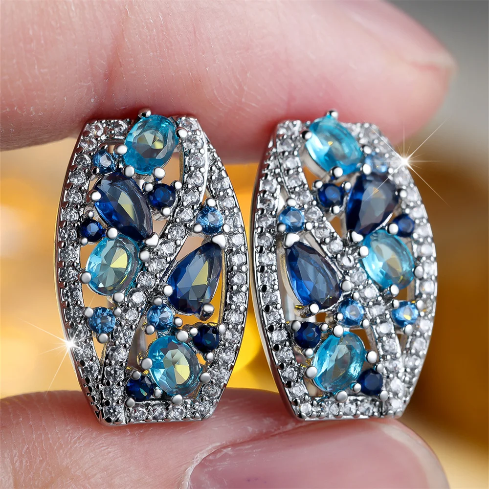Aqua Blue Crystal Water Drop Stone Hoop Earrings For Women Vintage Silver Color Geometric Ear Buckle Wedding Jewelry Bridal Gift