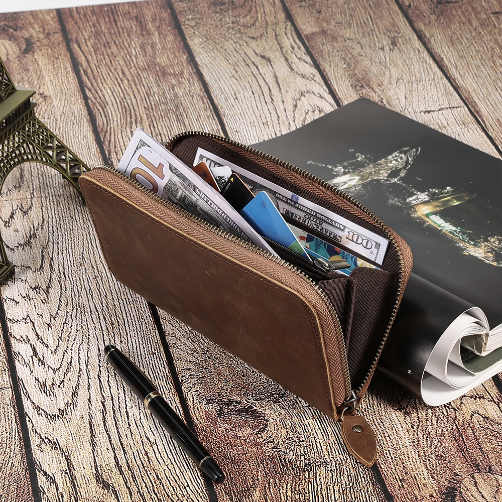 Crazy Horse  Long Wallet For Men RFID Anti Magnetic Wallet Business Retro Genuine Leather Handbag Men Long Wallet Luxury