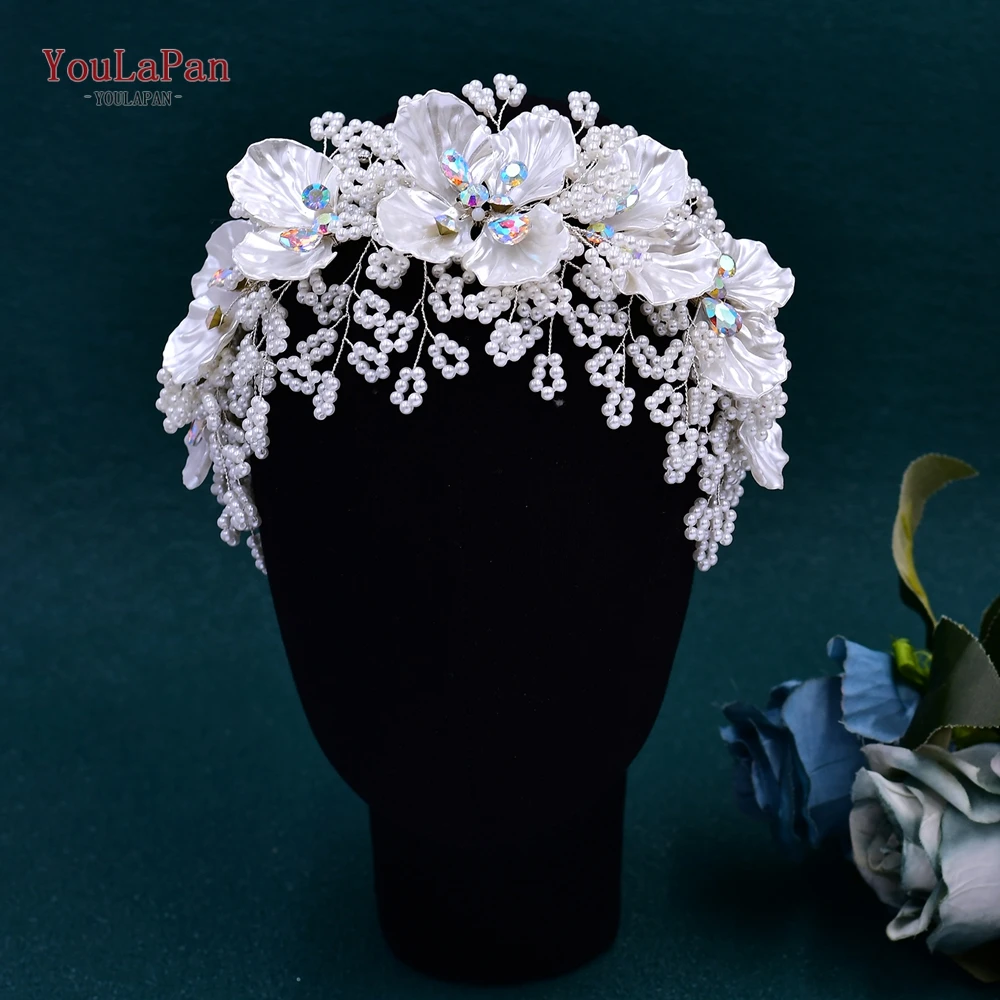 TOPQUEEN Bridal Hair Hoop Wedding Faux Pearl Hair Accessories Colorful Rhinestone Headband Shell Flower Hair Decoration HP675