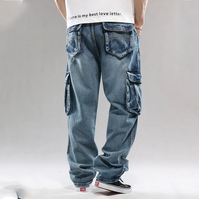 Men Cargo Casual Washed Jeans Trousers Multi Pockets Straight Loose Denim Pants For Male Plus Size 30-46 4