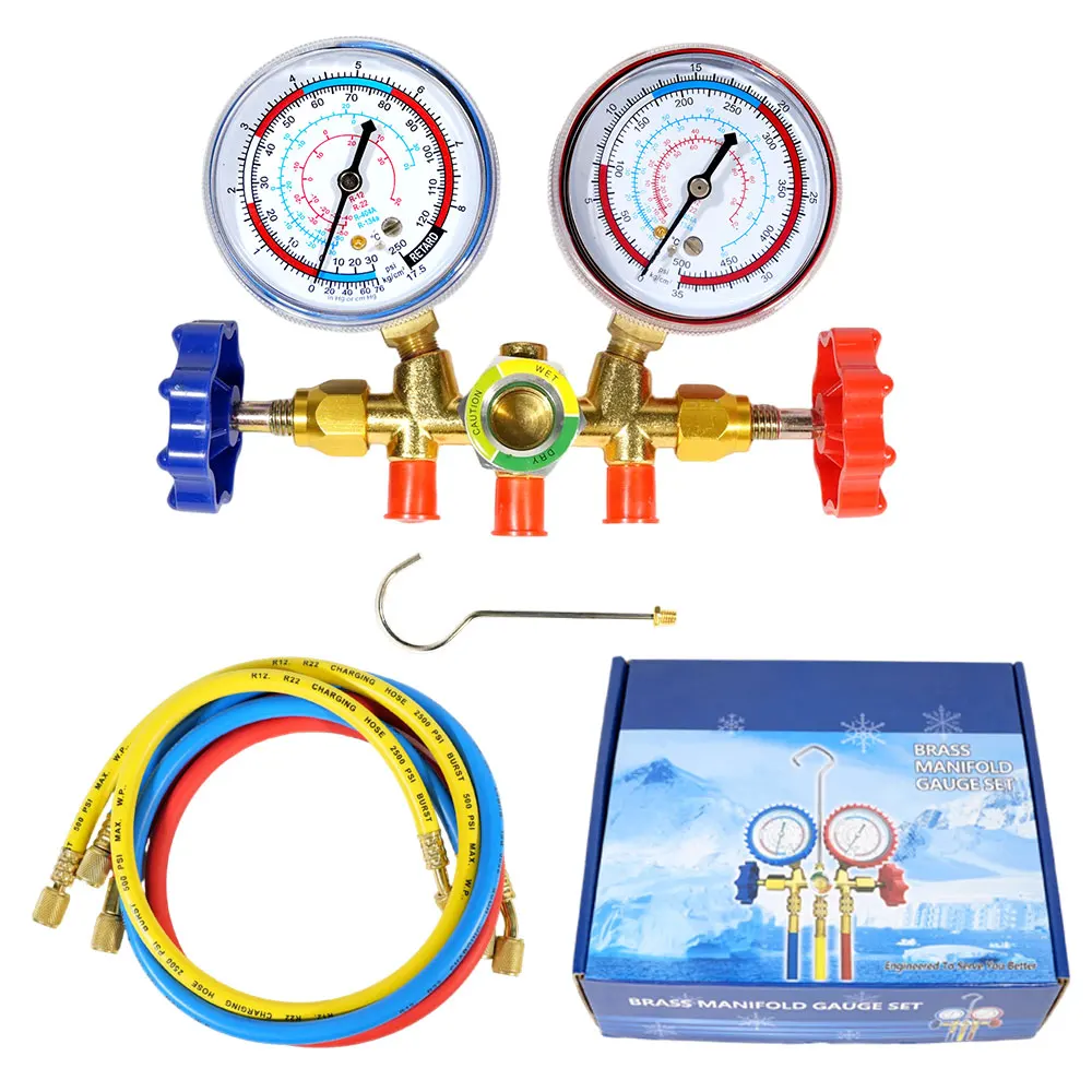 Freon R134A Refrigerant Diagnostic Manifold Gauge Set Hose Hook Professional 3 Way AC Tool for R12 R22 R404A R134A