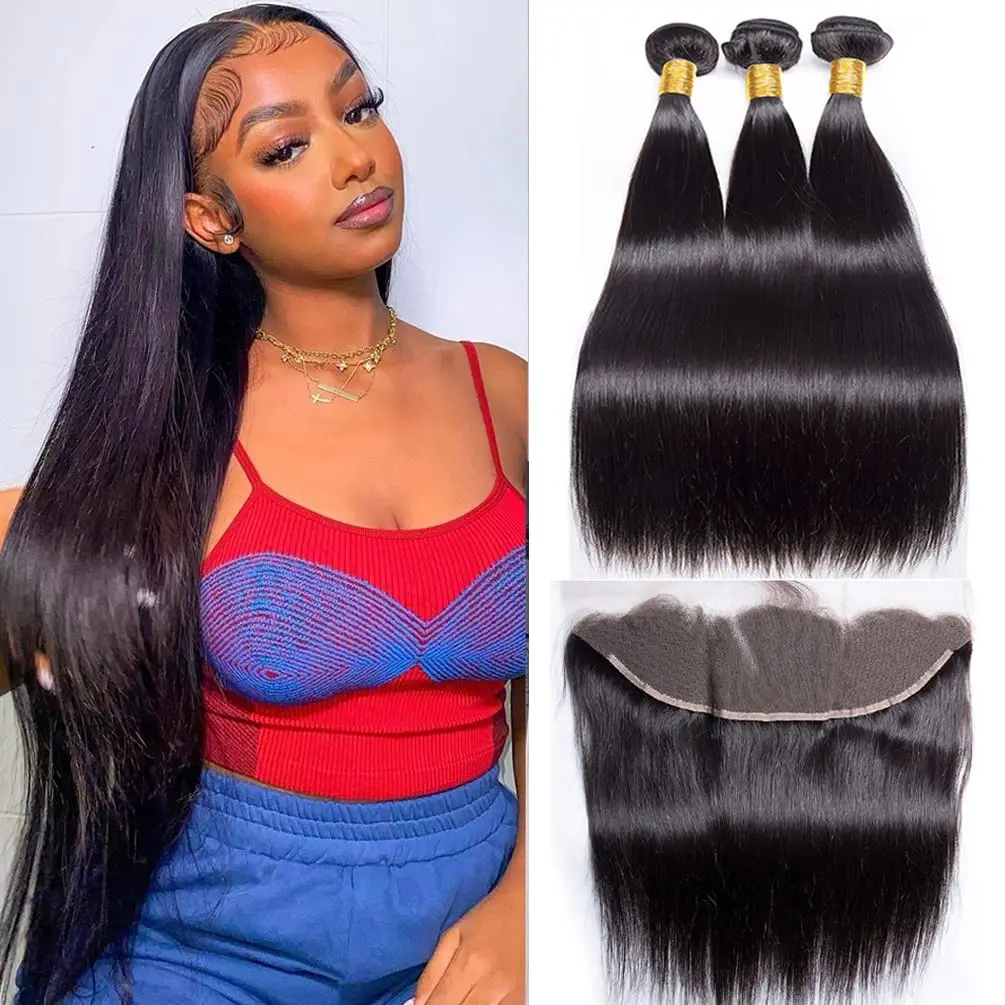

Straight Human Hair Bundles With 13x4 Natural Large Area Lace Frontal for Black Women Pre-plucked Brazilian Hair