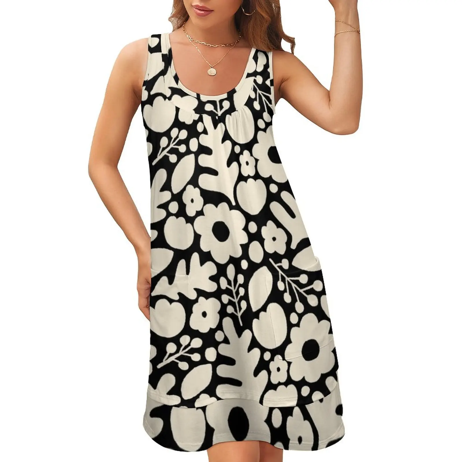 

Savonlinna - cream on black Sleeveless U-Neck Fake Two Piece Dress women clothing 2024 new arrivals Long veiled dresses