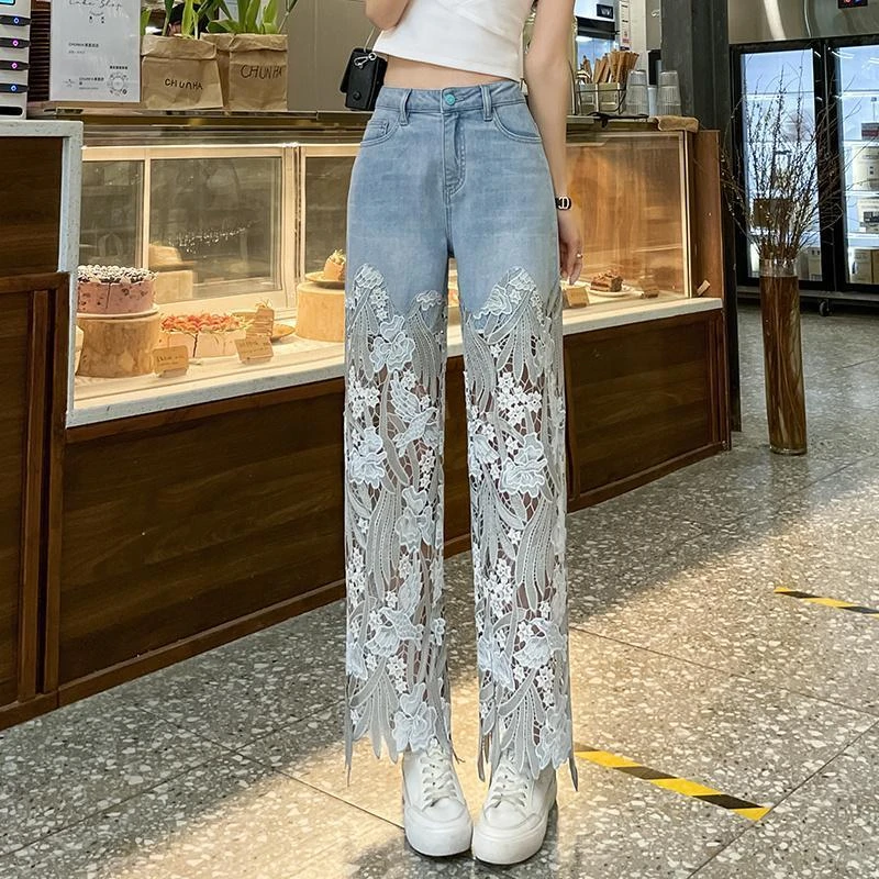 Jeans de perna reta com strass para mulher, calça vintage com
