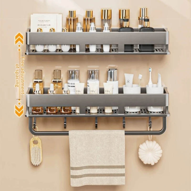 ชั้นวางของในห้องน้ำแบบไม่ต้องเจาะผนัง ชั้นวางผ้าเช็ดตัวติดผนัง ชั้นวางของสำหรับอ่างล้างหน้าและเครื่องสำอาง 1