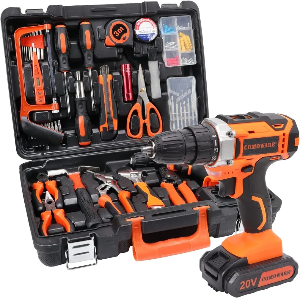 

COMOWARE 20V Cordless Drill Set Combo Kit,120 Pcs Tool Kit for Home, Household Tool Sets for Men, Basic Tool Kit with Power