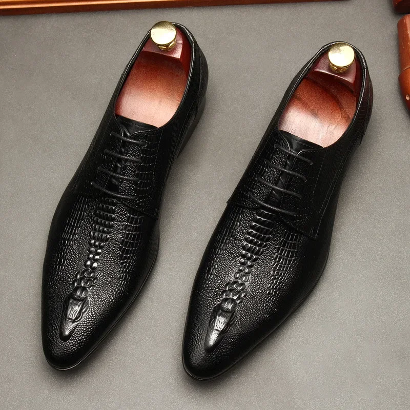 

Men‘s Oxford Shoes Handmade Genuine Calfskin Leather Brogue Shoes Man Wedding Party Formal Crocodile print Shoes High Quality