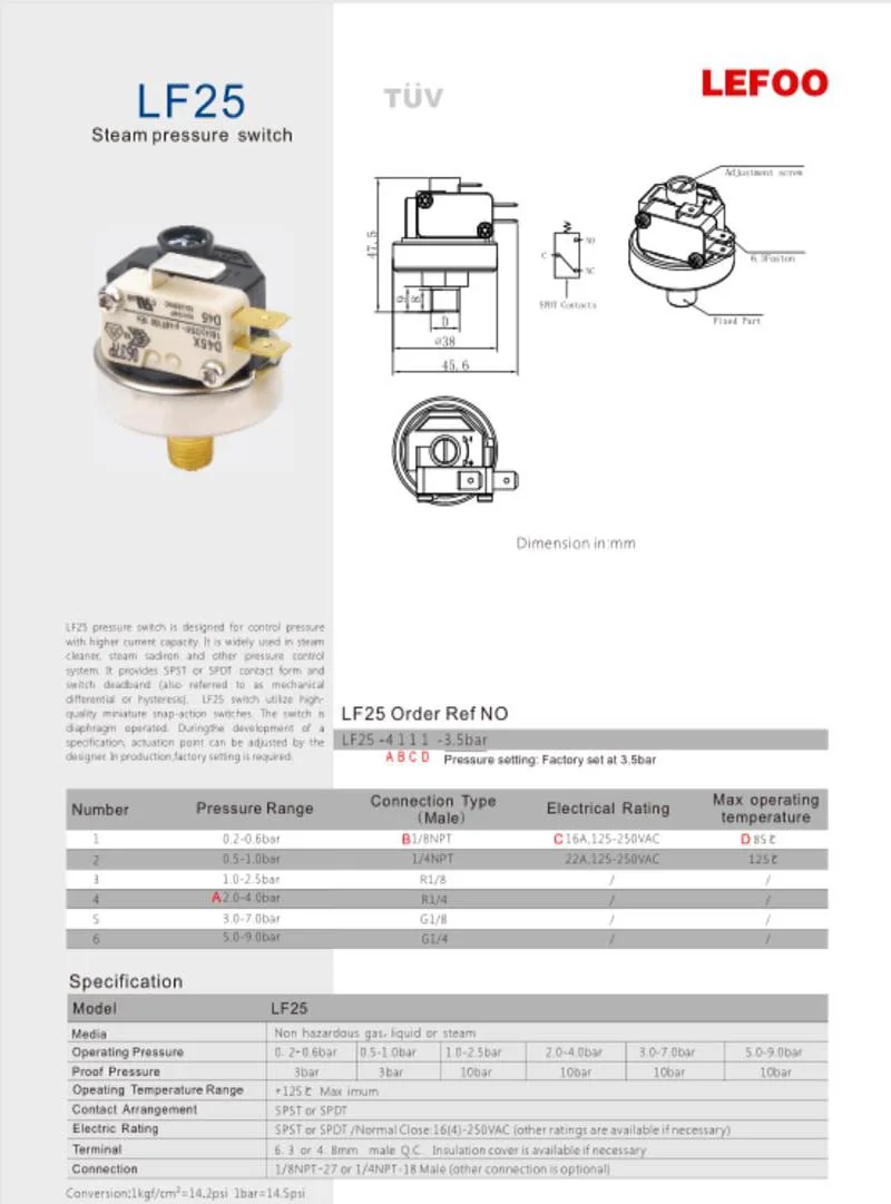 1/4 1/8 Steam Pressure Switch