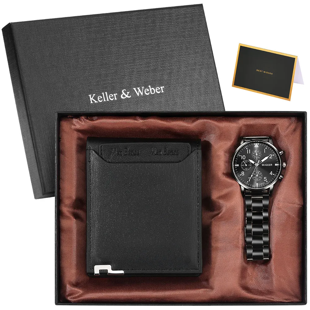 Business Wallet Watch Set Men's Quartz Stainless Steel Wristwatch Fashion Classic Black Purse Birthday Gift for Man montre homme invisible anti theft stretch belt bag fashion men multi function small waist bag leather belt pack wallet coin purse case