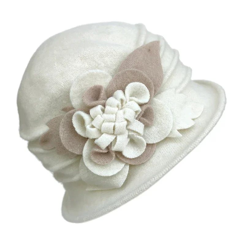 Autumn Winter Hats for Women New Classic Simple Wool Lamb Bucket Warm Ceremonial Hat Vinatge Chinese Knot Flowers Mom Hat - 4