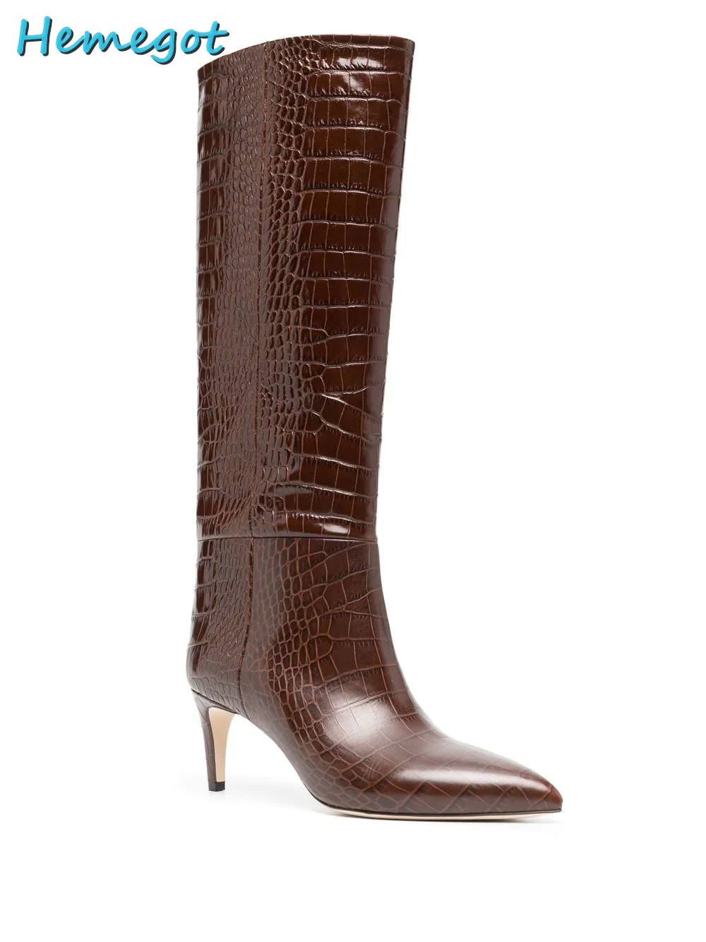 Pointed Toe Croc Print Knee High Boots Stiletto Mid Heel Chocolate