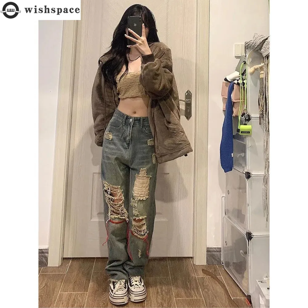 Large Hole Jeans Women Spring and Summer Ins Fashion American High Street Hiphop Hot Girl Pants Loose Straight Pants