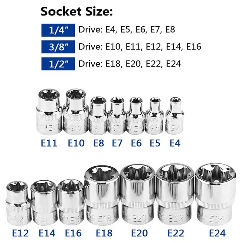 Torx 스타 비트 토크 암컷 E 소켓 세트, 변조 방지, E4-E24 1/4 인치, 3/8 인치, 1/2 인치 드라이브, 14 개