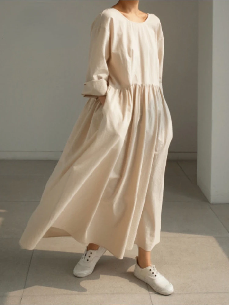 

Women's Summer Dress 2023 New In Oversize Casual Loose Long Sleeve Backless Streetwear Cotton Linen Long Madi Dresses for Women