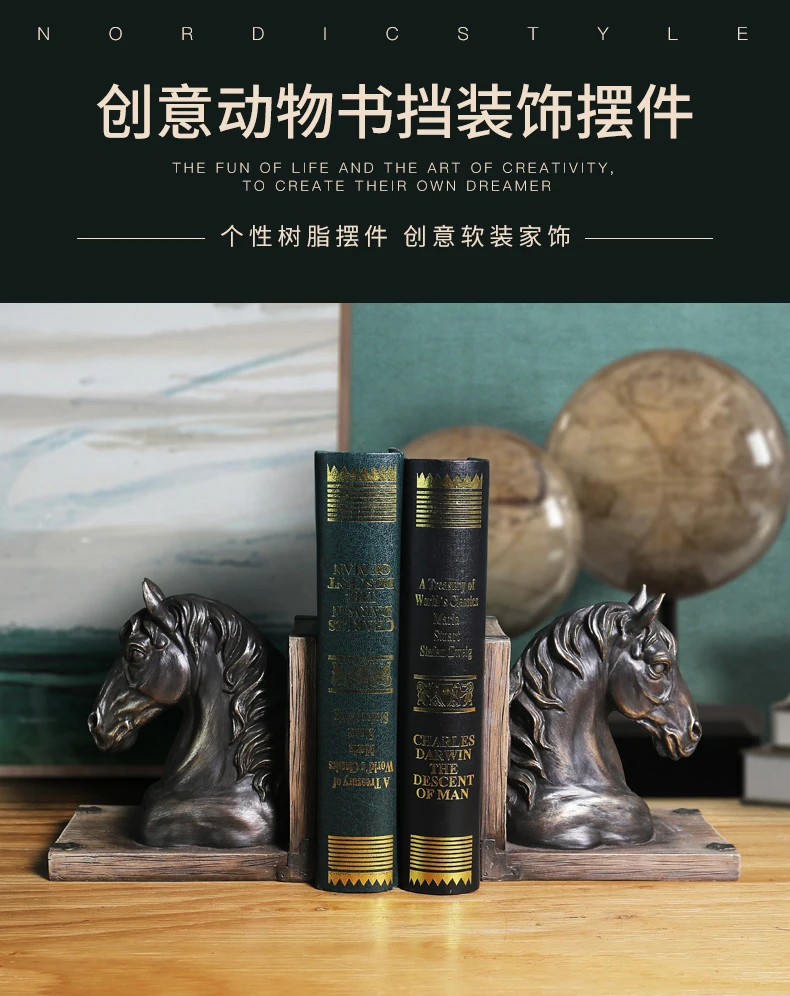 Description Picture 2 of itemHorse Head Bookends Ornaments Resin American Style Retro Animal Figurines Home Office Study Book Shelf Decors Book Stand Crafts