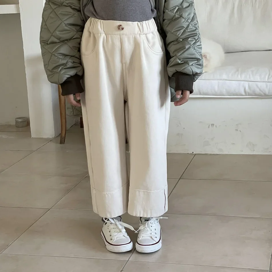 

Straight Leg Pants Boys Girls Solid Color Children Clothing Winter Velvet Korean Loose Fitting Causal Pants White