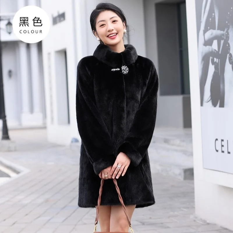 2023 Autumn Winter New High-end  Women's Mid Length Standing Collar Reverse Color Plush Mink Velvet Imitation Fur Jacket Coat