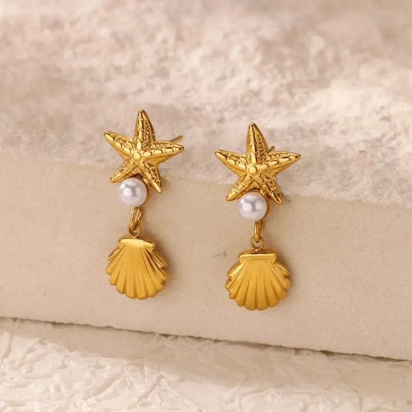 Pearl Starfish Shell Dangle Earrings Gold Color Stainless Steel Boho Jewelry