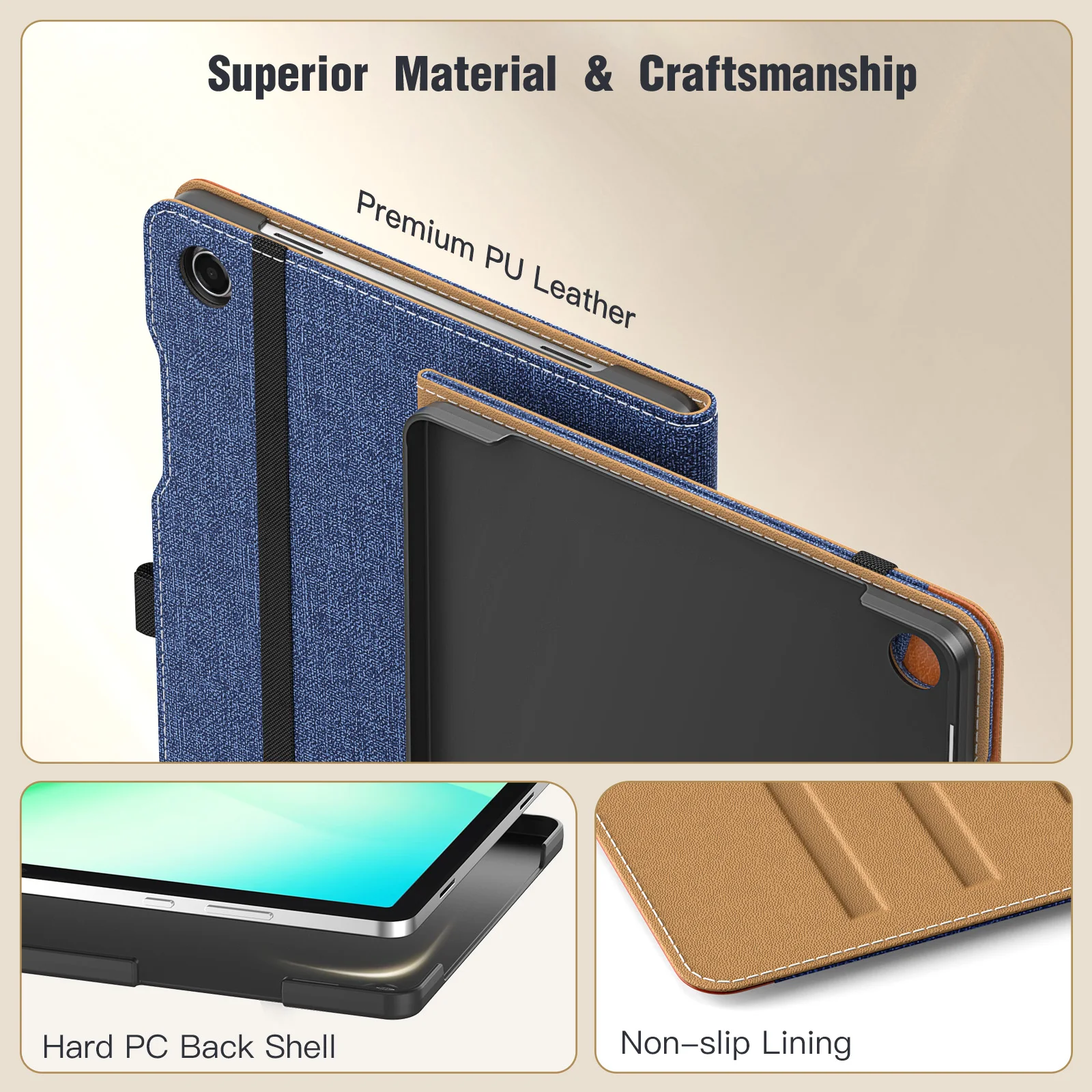 Premium PU Leather Multi-Angle Folding Stand Tablet Case with Hand Strap, 11-Inch
