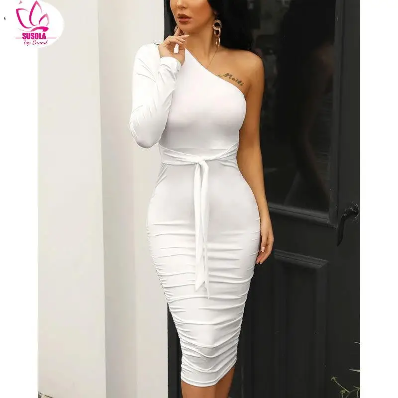 

SUSOLA Women Elegant Trend Sexy White Cocktail Party Slim Fit Dresses One Shoulder Belted Ruched Design Bodycon Midi Dress