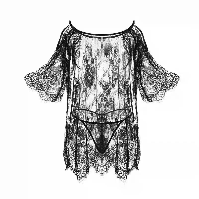 Ladies Gowns Black Ropa Sexy Para El Sexo Nightgown Night Dress Lace Perspective Lingerie Porno Women Nightwear Exotic Sleepwear