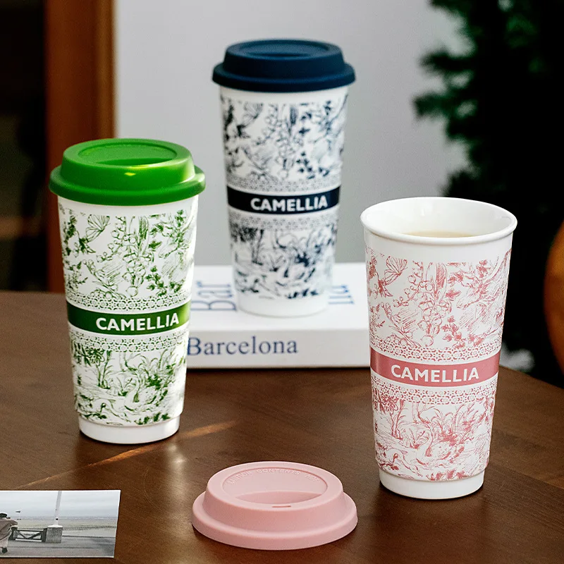 Ceramic Portable Water Cup with Silicone Lid - Large Capacity Dust-proof Mug